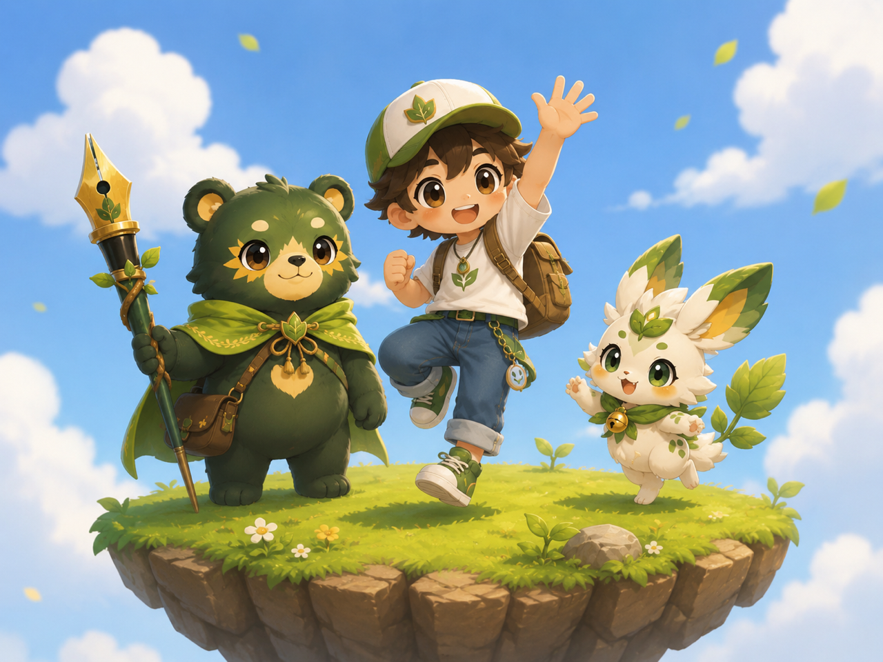 The DotoQuest party — a young adventurer with a green sunbear mage and a leaf bunny on a floating grassy island